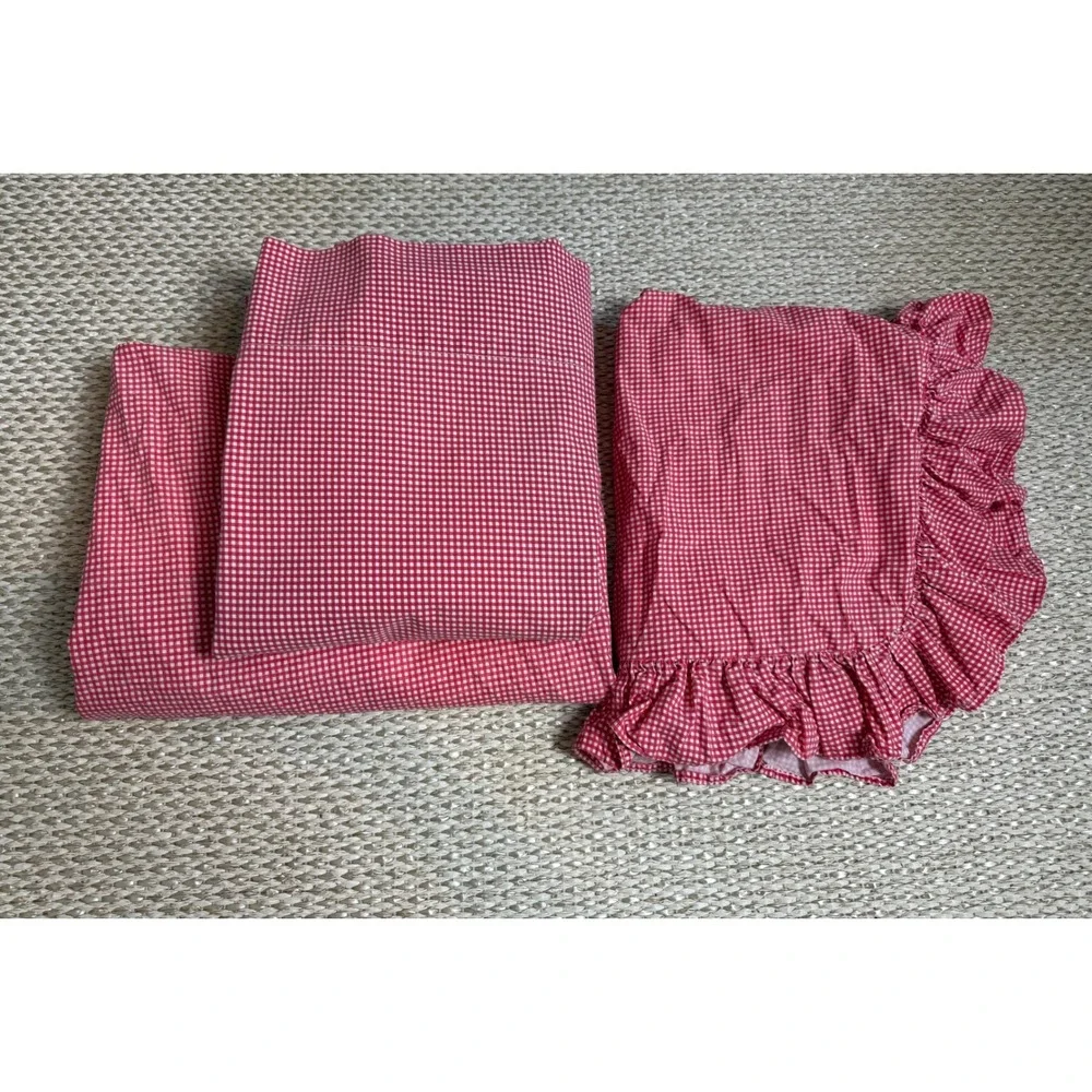 Vintage Ralph Lauren Red Gingham Twin Sheet Set Cotton Ruffled Sham  USA READ